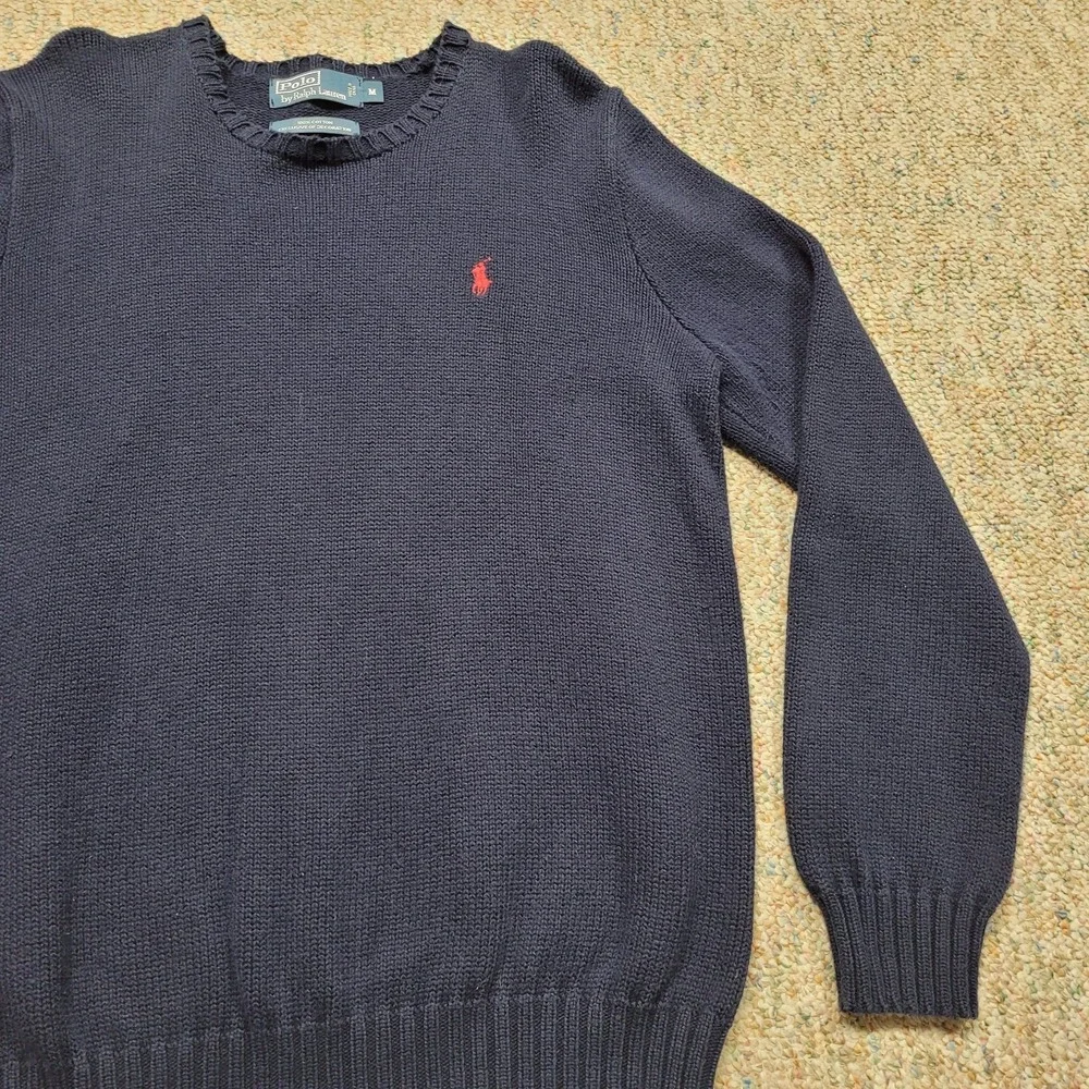 Polo Ralph Lauren Sweater Mens Medium Blue Knit Heavy Fisherman Cotton Pony Prep